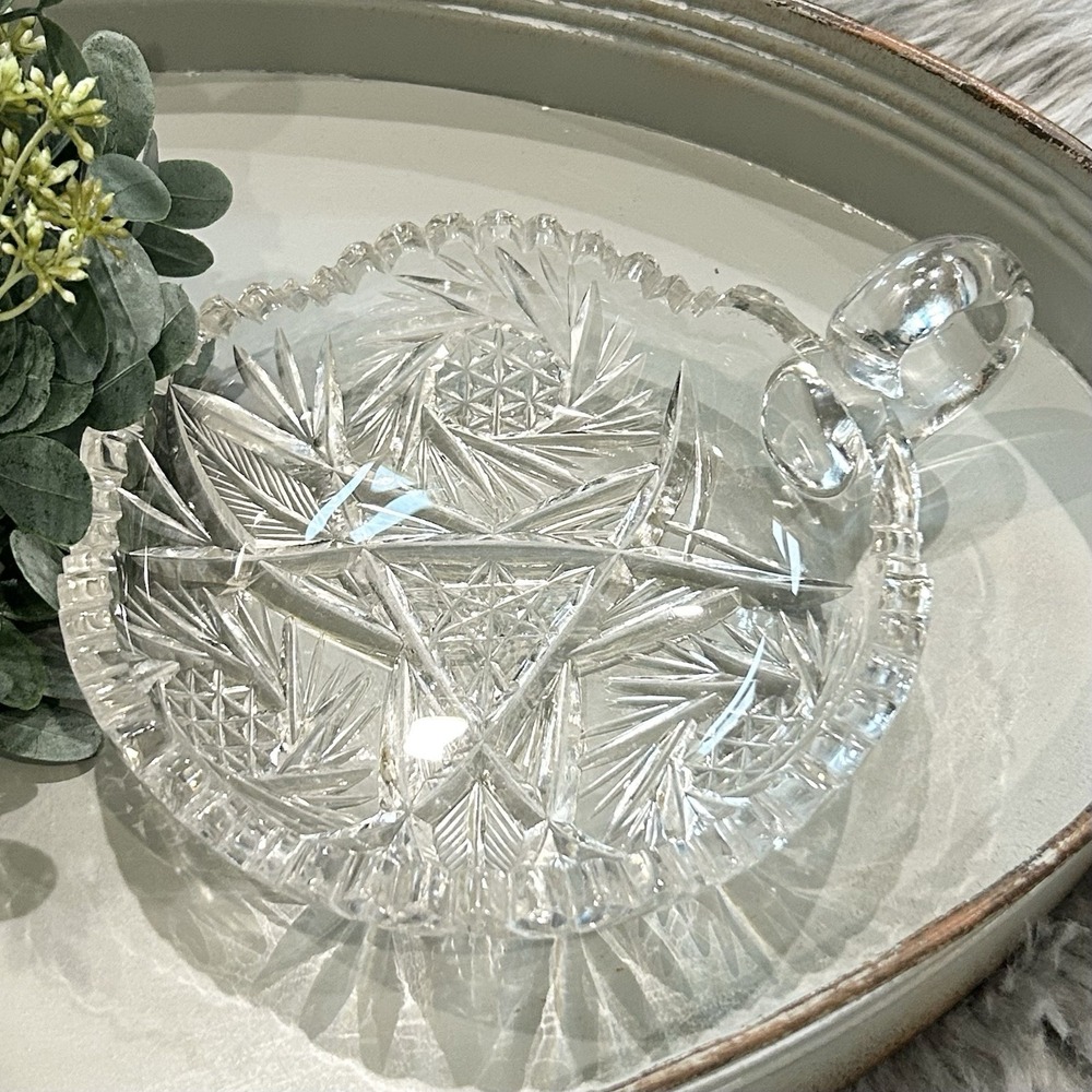 Antique American Brilliant Period Cut Glass Nappy Bowl Hobstar Sawtooth Handle
